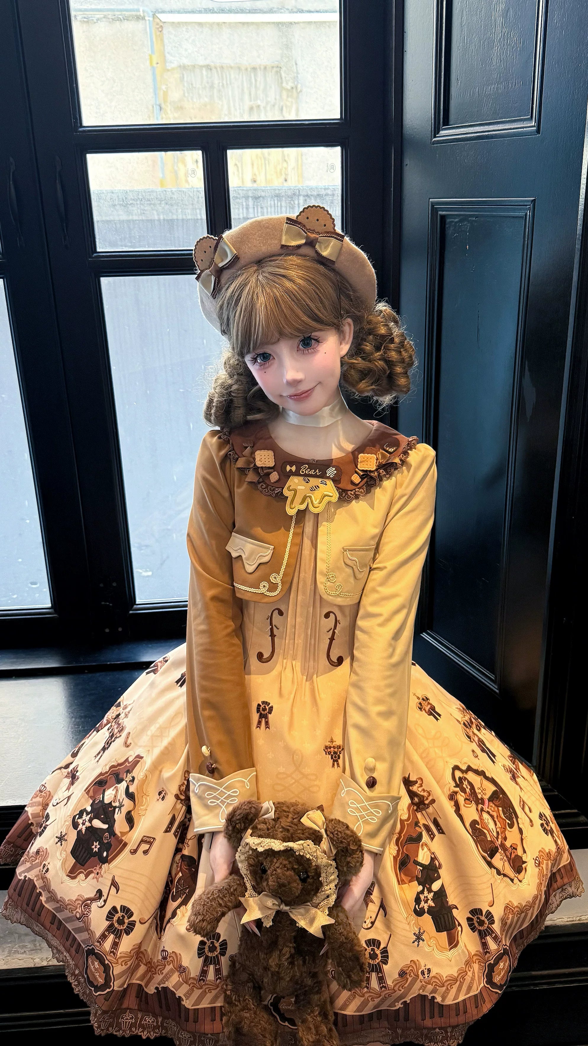 Cream Bear - Print Kawaii Lolita Fake Two-Piece OP, A-lined JSK Dress 44502:811651
