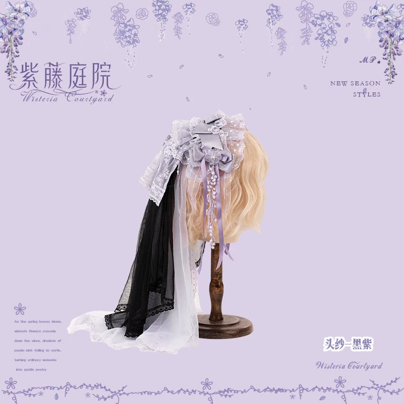 Wisteria Courtyard - Dreamy Purple Brooch and Headdress, Wisteria Accent Black and Purple - Head Veil Only One Size