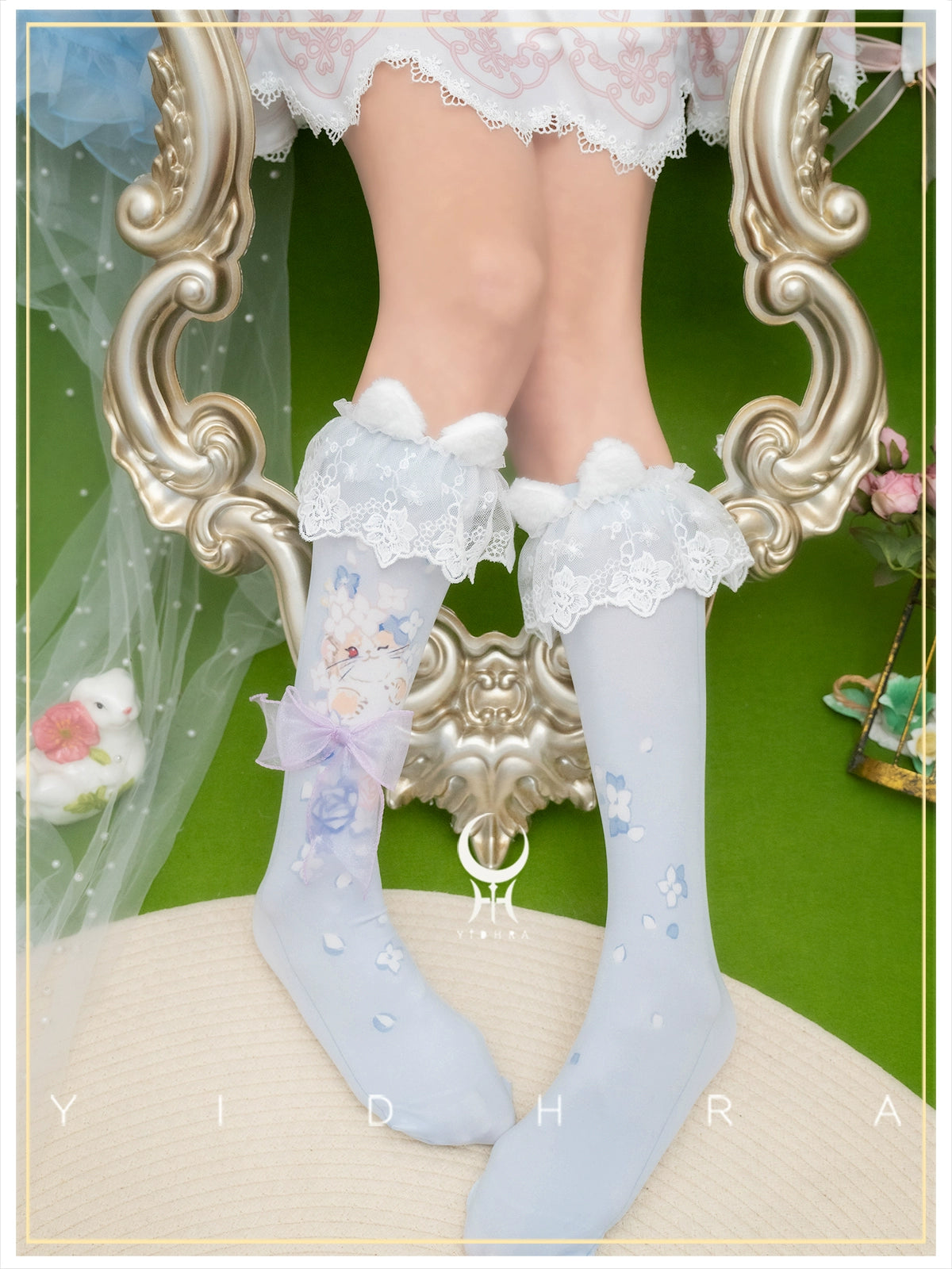 Yidhra - Animal Garden - Kawaii Lolita Calf Socks Cat Rabbit Print Stockings Blue - Calf Socks