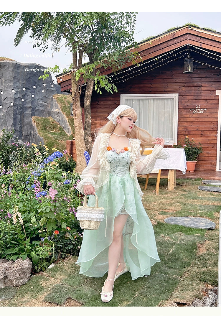 Yingtang - Plus Size Lolita JSK Dress Green Floral Lolita Dress Caidigan Set