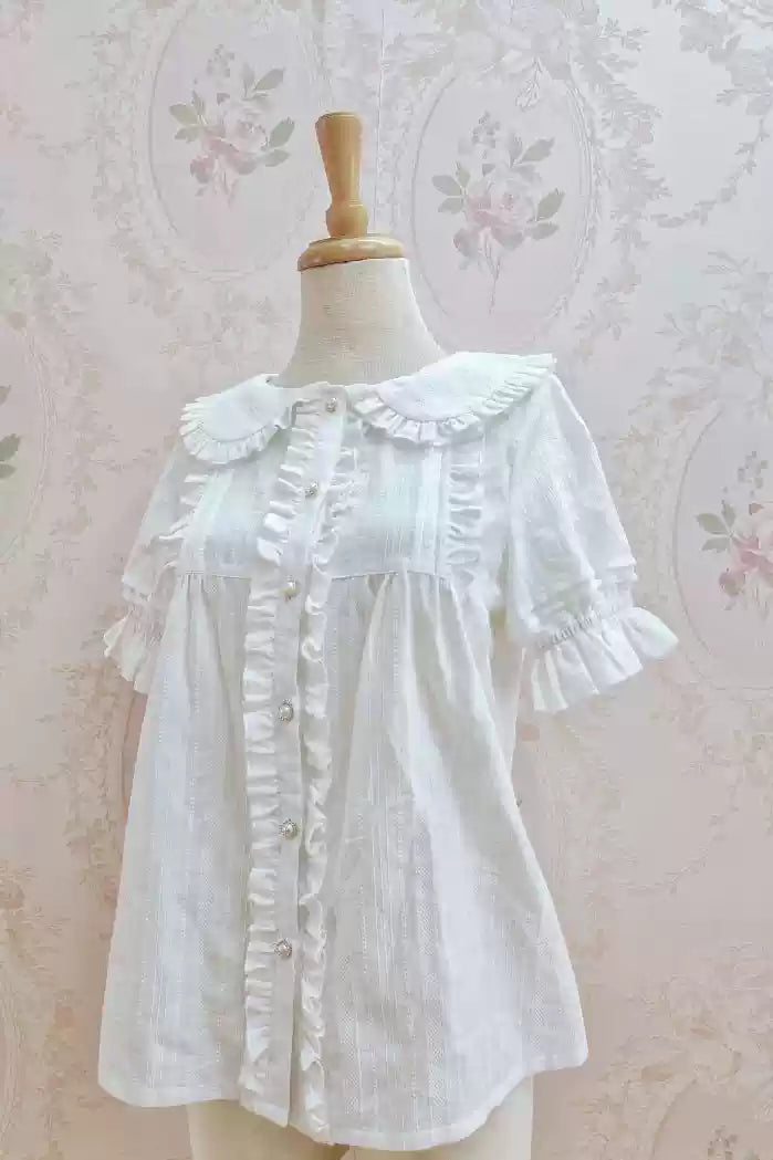 Yilia - Short Sleeve Cotton Lolita Blouse Shirt XS White