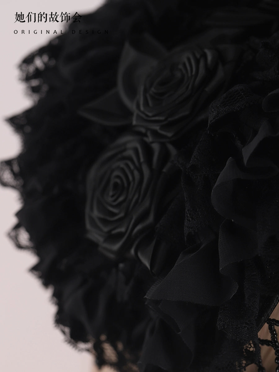 The Accessories' Story - Gothic Lolita Black Hat, Rose & Bead Tassels