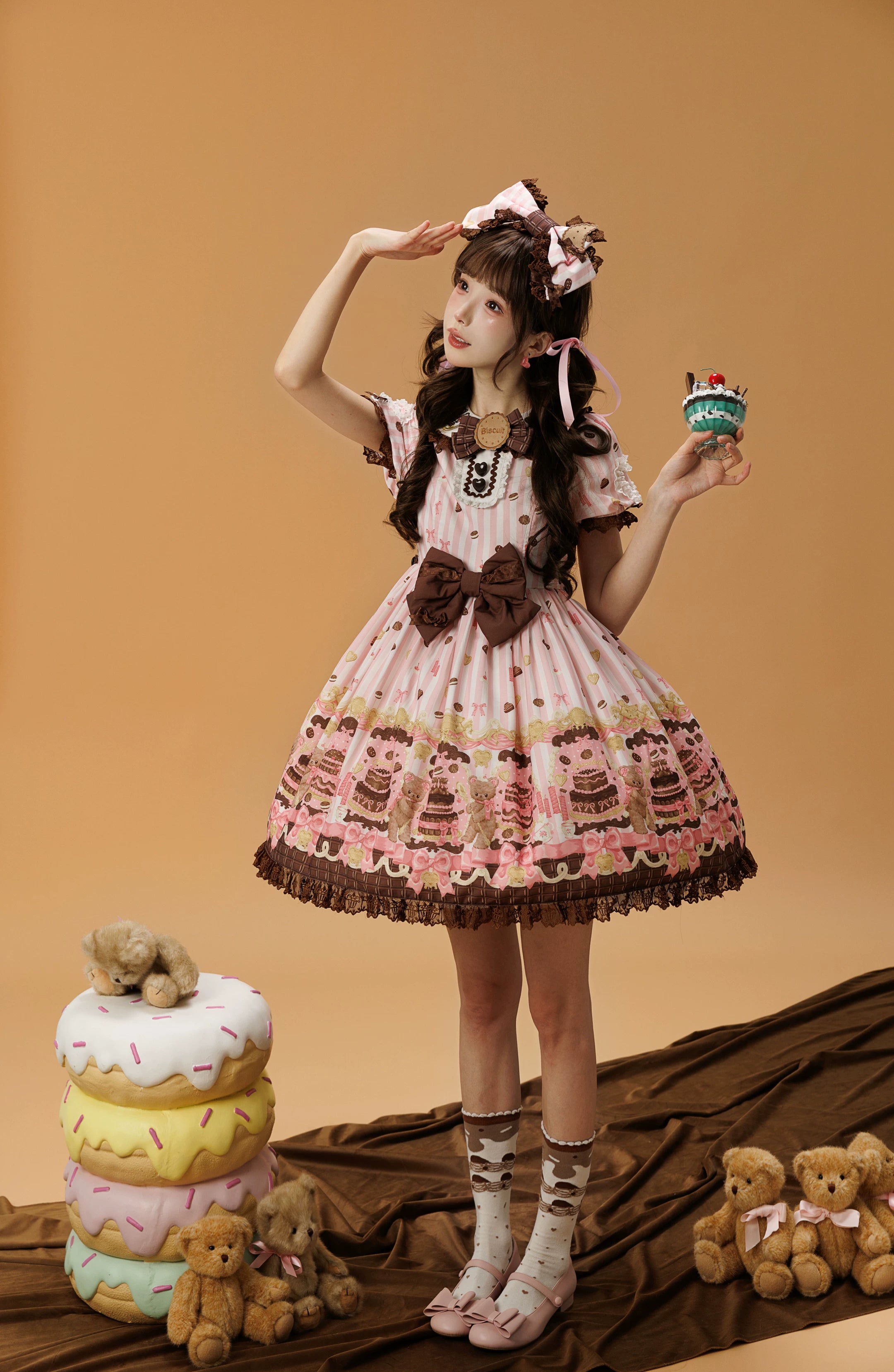 Cake Bear - Sweet Lolita Embroidered Collar Dress, Bear and Cake Print Pink - OP Only S