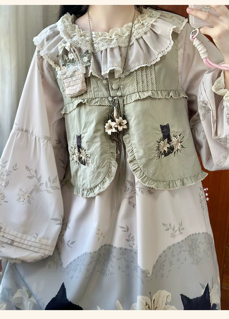 Akiyama Future Studio - Black Cat and Lily - Loose Kawaii Lolita OP Dress with Vest and Hat OP + Vest (OP is One Size and choose vest size for fit.) S