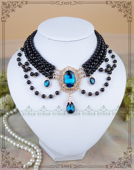 Rose of Sharon - Customized Lolita Pearl Necklace with Gemstone Pendants Black Pearl + Peacock Blue Gemstone/Pendant
