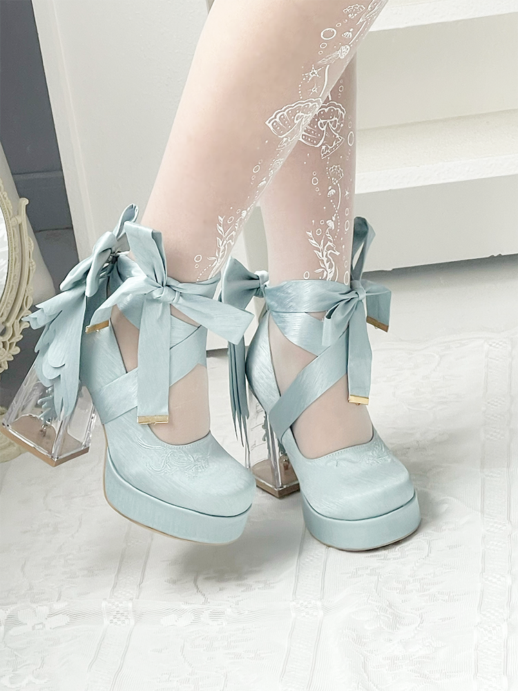 Dreamland - Floating Koi Land - Satin Classic Lolita Platform Shoes, Transparent Heel 44317:804088
