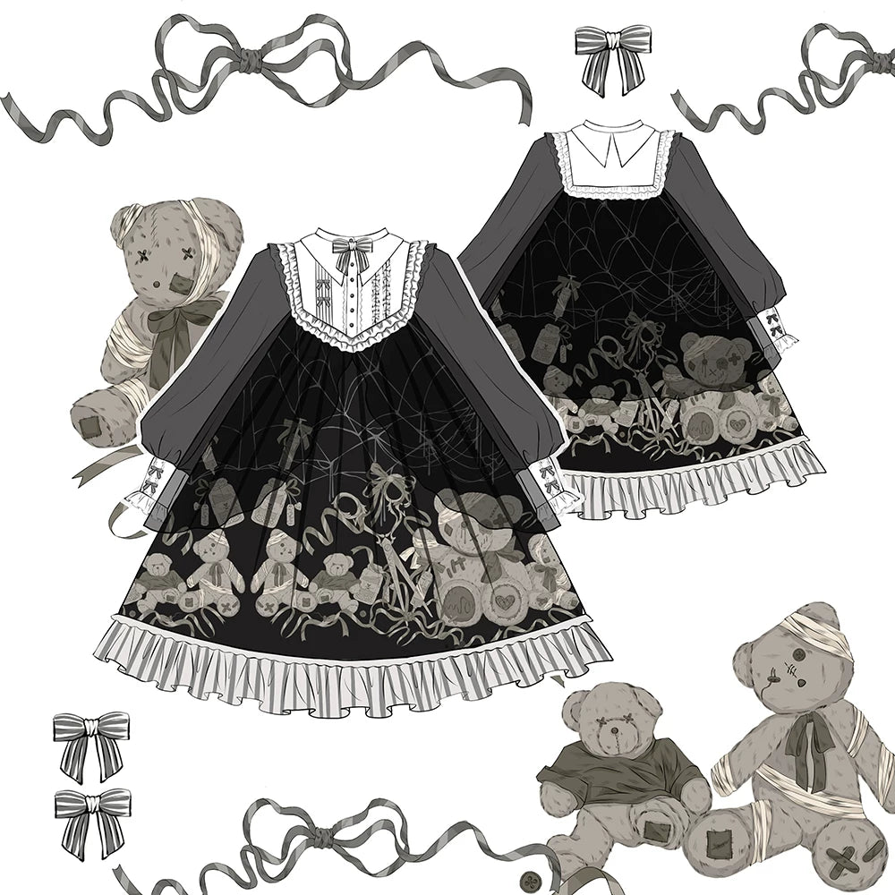 Bandage Bear - Gothic Lolita Long-Sleeve OP Dress, Teddy Bear Print 45908:867455