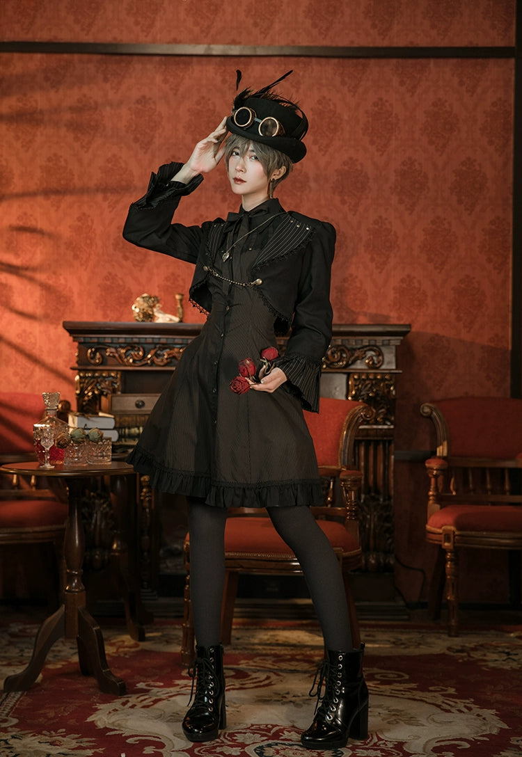 (BFM)Mr. Yi's Steam Continent~Gothic Lolita Cardigan Long Sleeve Black Short Jacket 36496:513154