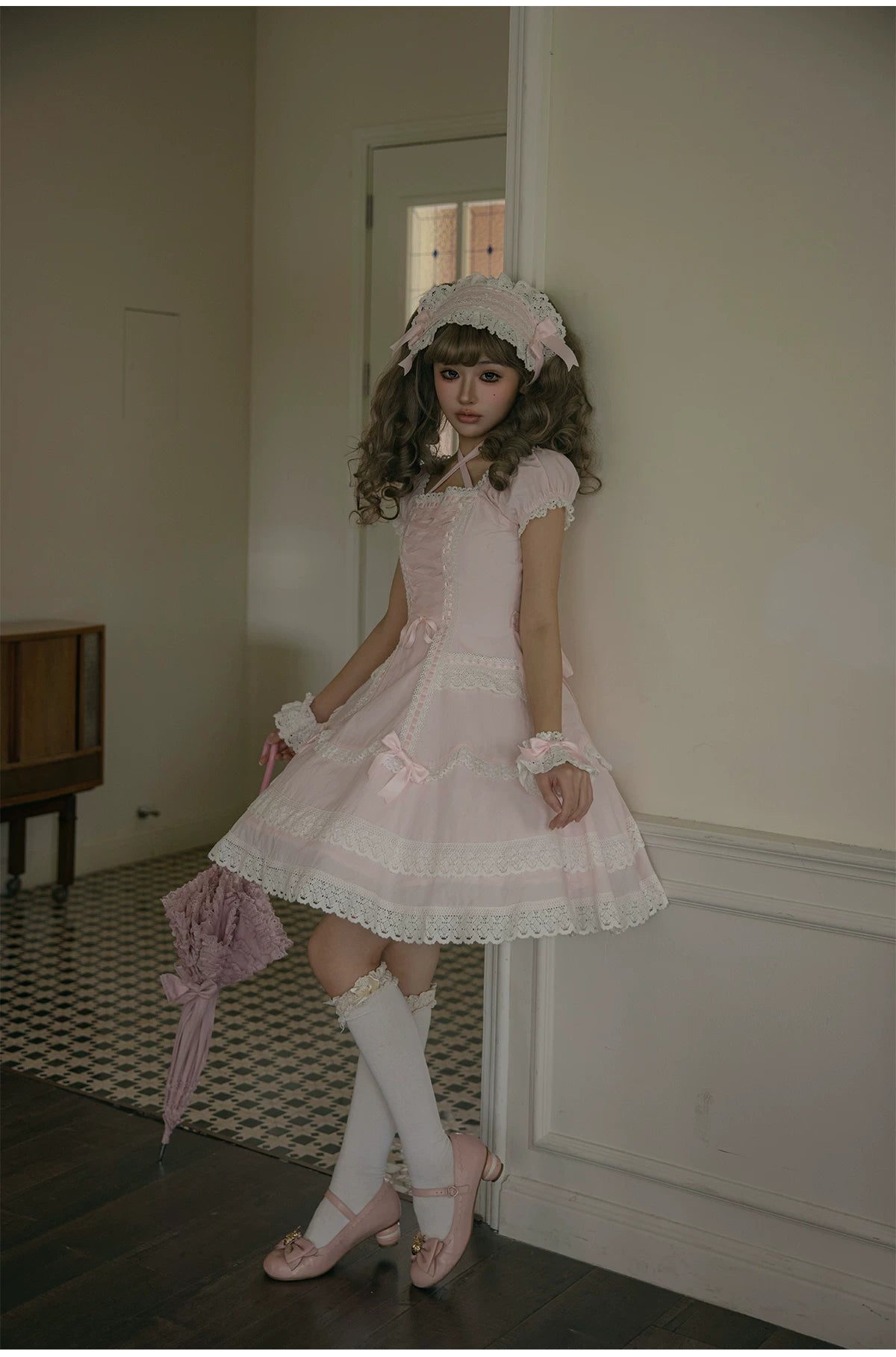 Showa Sweetheart - Old School Lolita OP Dress, Ruffled Lace Hem 45887:866811