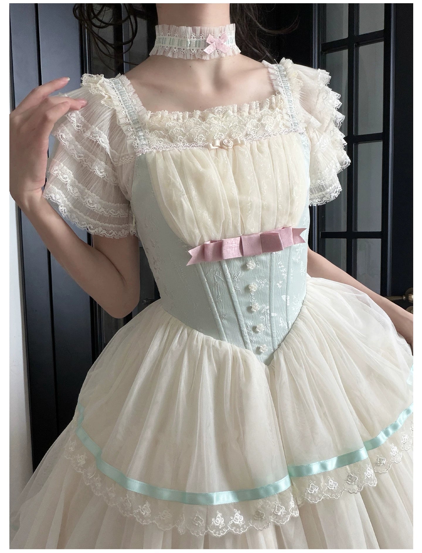 Sea Salt Soda - Classic Lolita Adjustable Corset JSK Dress, Tiered Tulle Hem 45257:856406