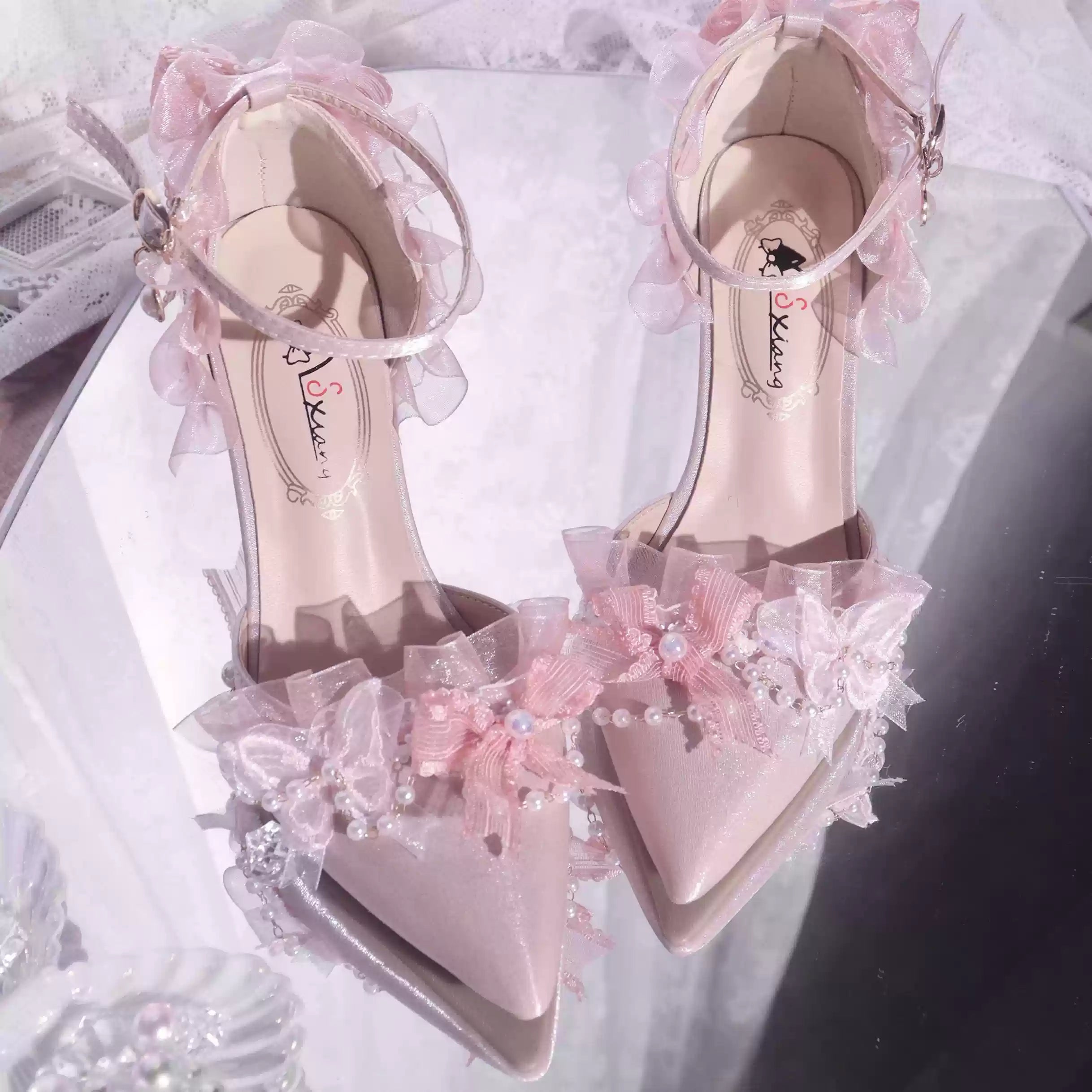 Ximeng Lolita - Deep Sea Hospital - Plus Size Wedding Lolita Bridal Shoes Customized Heels Pink without anklet - 8 cm / 3.1 inches 37