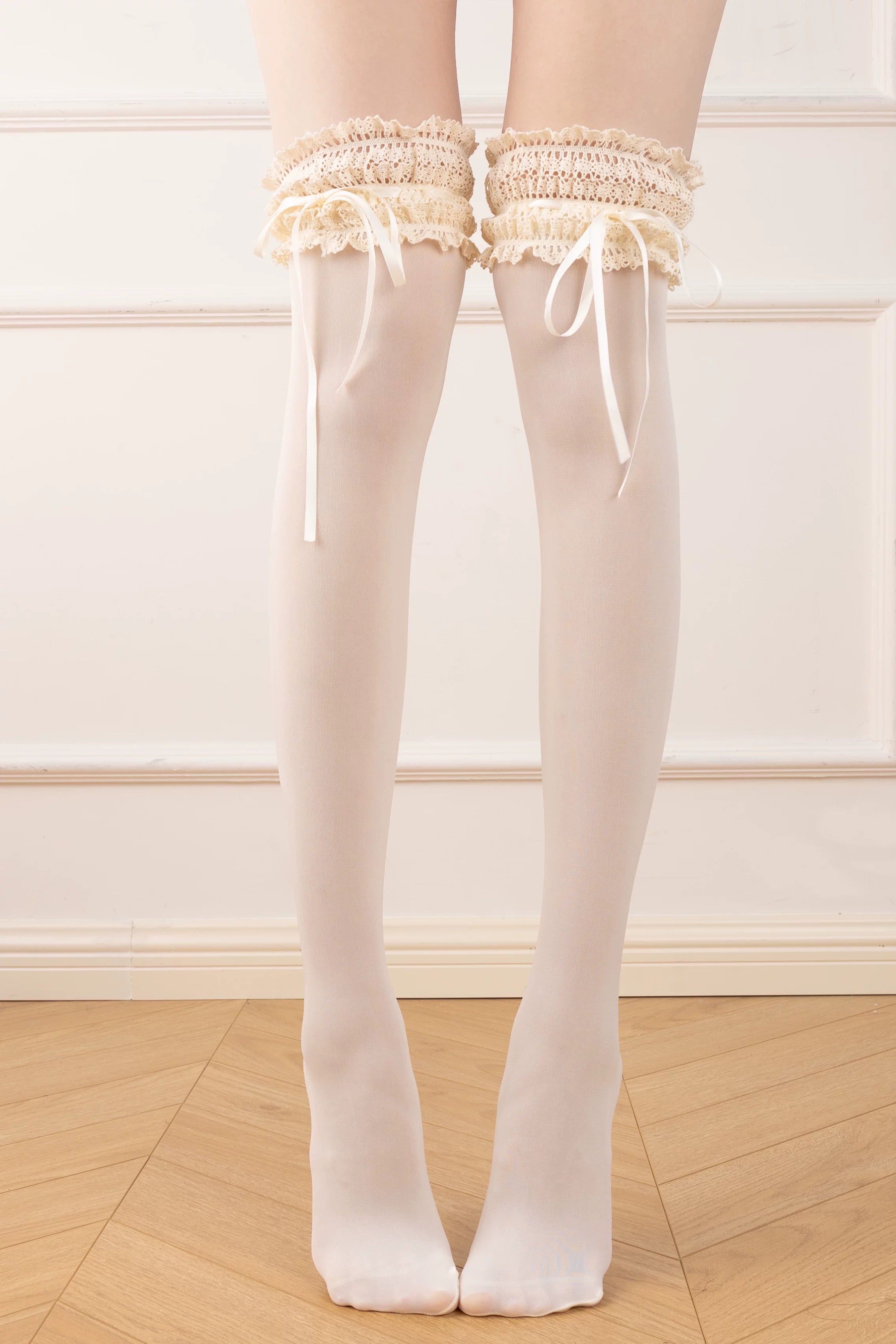 Spring Daily Lolita Socks, Lace & Bow Beige - Over the Knee Length (19.7 inches / 50cm) One Size