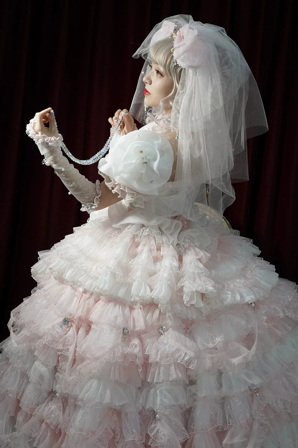 Moonlit Crystal Reverie - Wedding Sweet Lolita Top and Skirt Set, Fishbone Waist 44831:829599