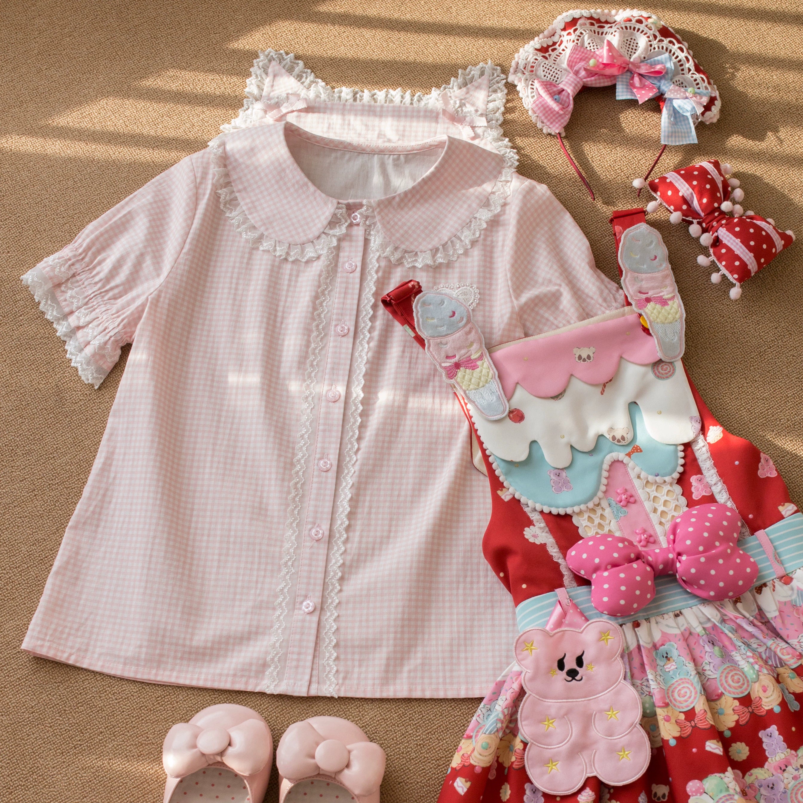 Kawaii Lolita Plaid Blouse With Cat Ear Peter Pan Collar Light-Pink Blouse Only S