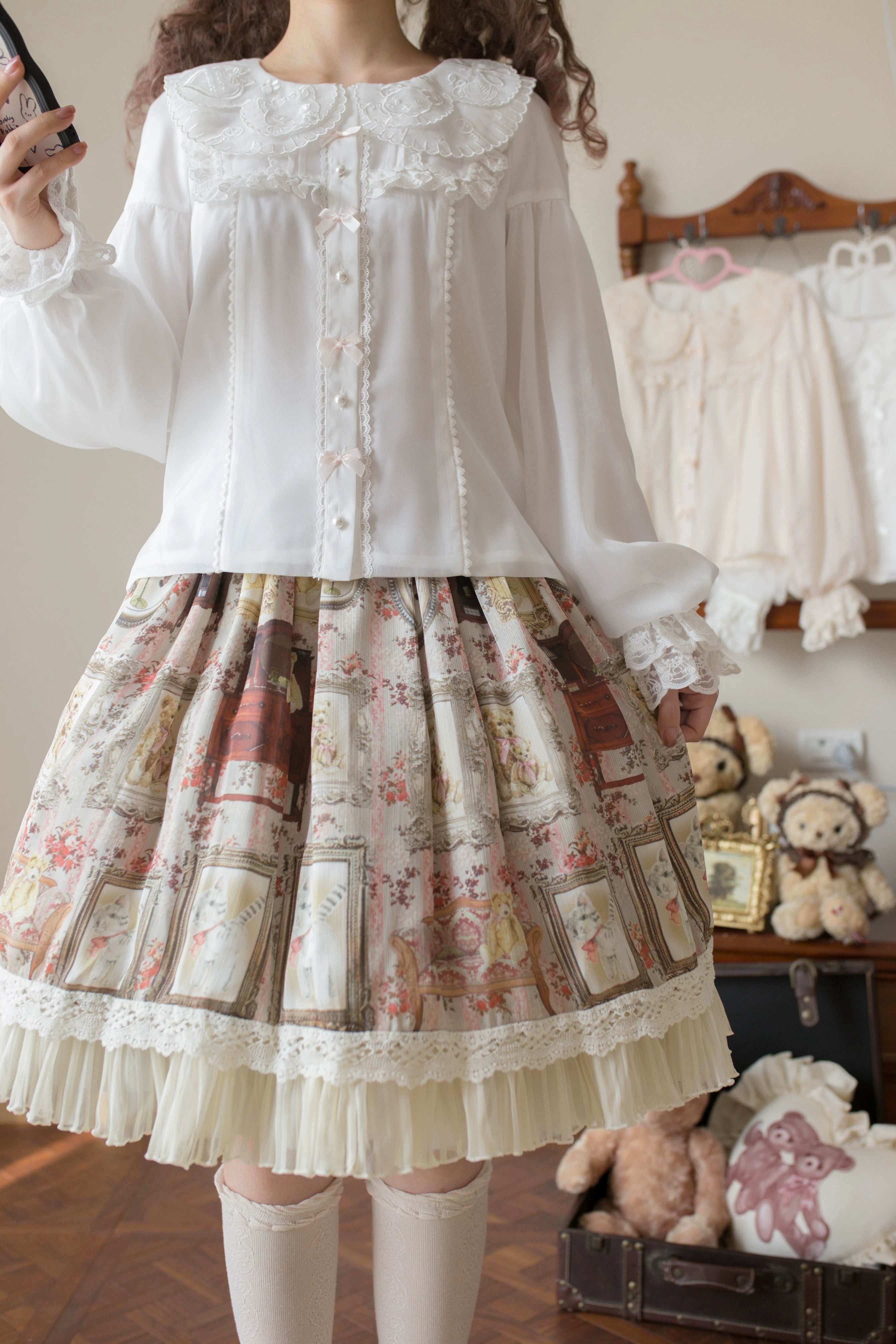 Flower Banquet - Sweet Lolita Blouse Embroidered Shirt with Long Sleeve S White