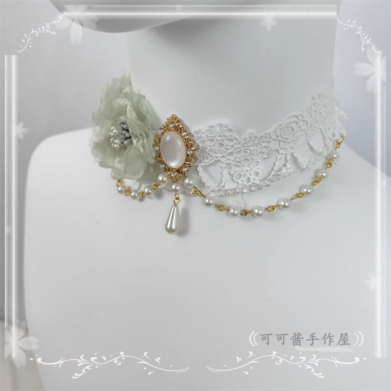 Cocoa Jam - Elegant Lolita Necklace Rose Gemstones and Pearl Necklace
