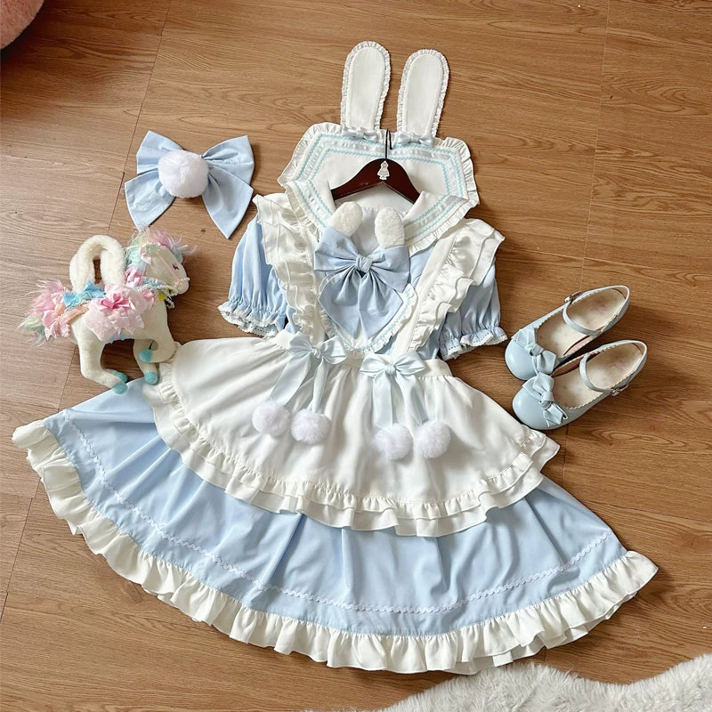 Sweet Bunny Pom-pom - Maid Lolita Bunny Ear Collar OP Dress, Detachable Apron