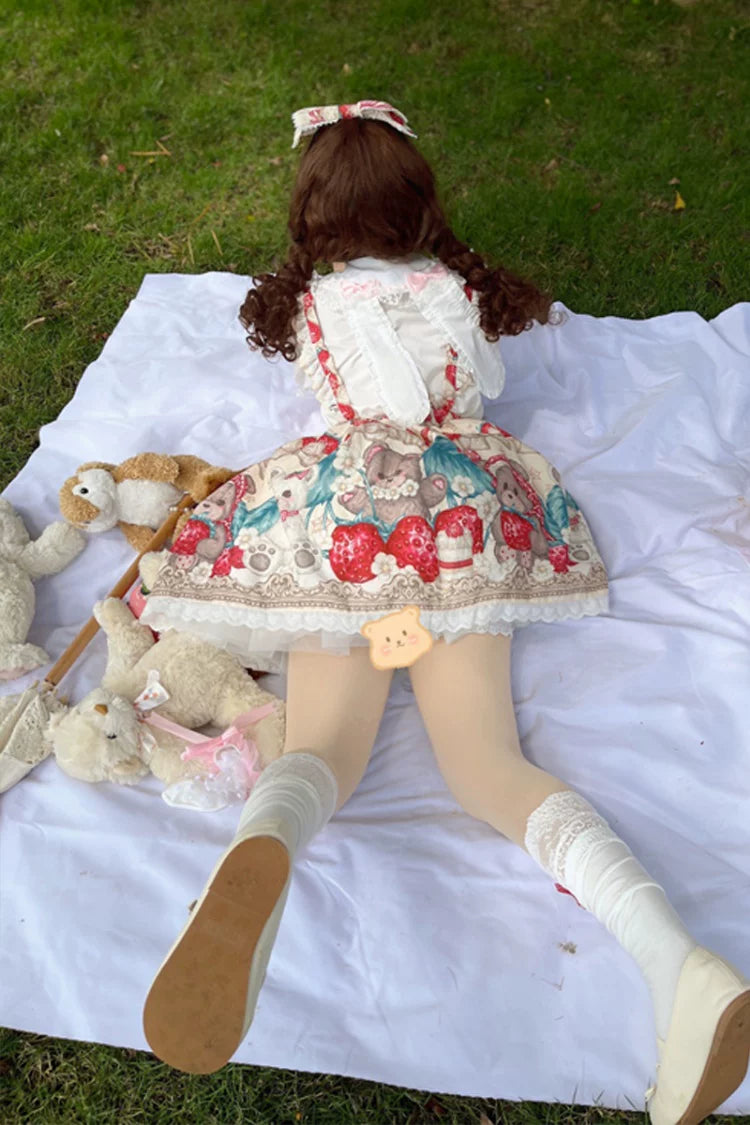 Bearberry Pastry Chef - Kawaii Lolita Salopette Dress, Bear & Strawberry Print