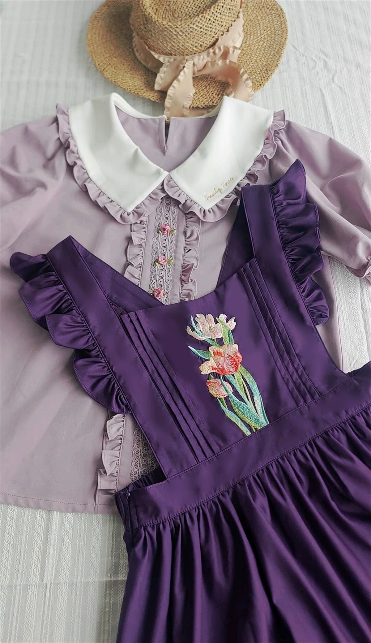 Little Florist - Classic Lolita Salopette Dress & Blouse Set, Tulip Embroidery 45833:864199