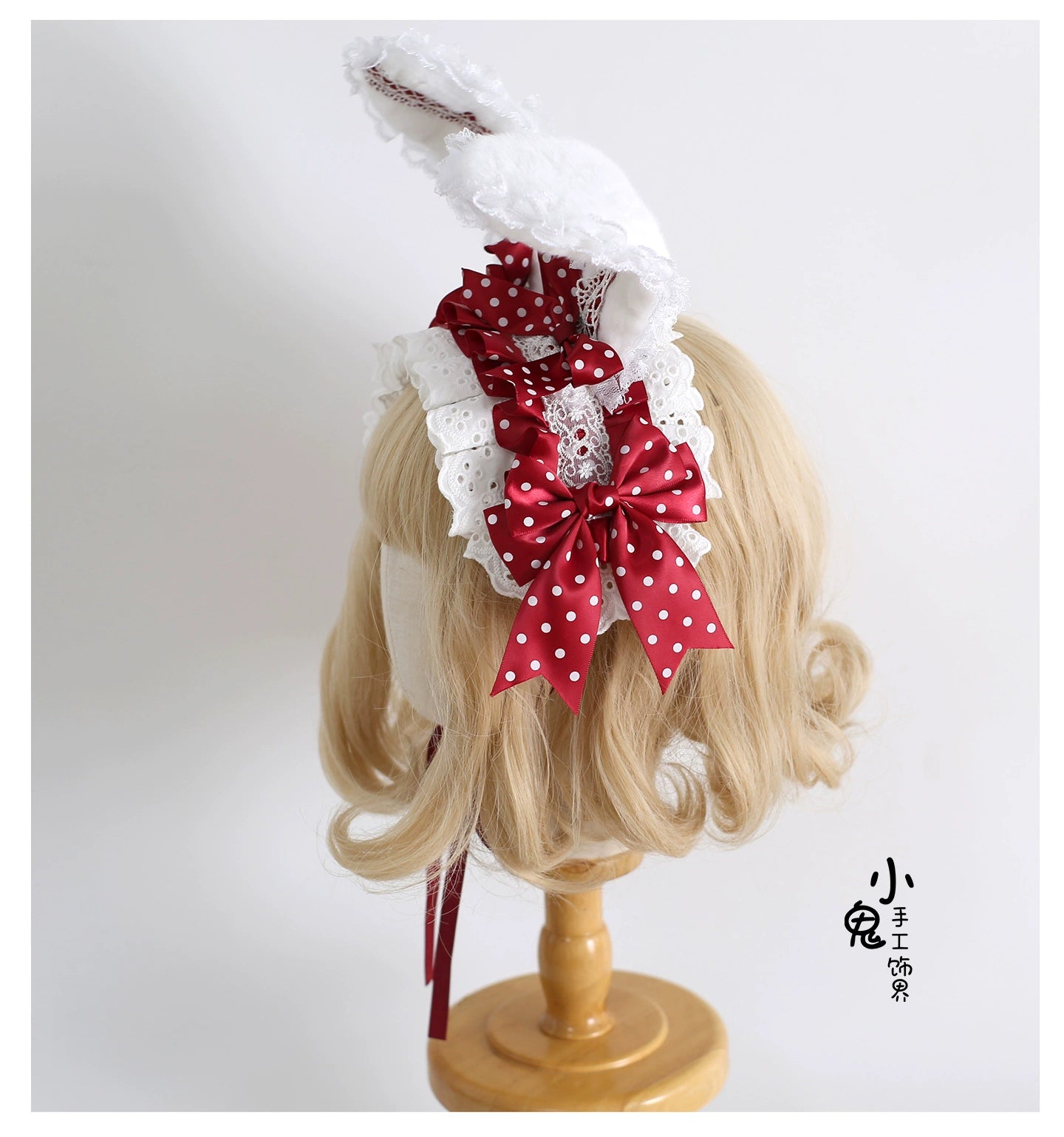 Xiaogui - Sweet Lolita Polka Dot Lace Hairband, Shapeable Bunny Ears 44127:797255