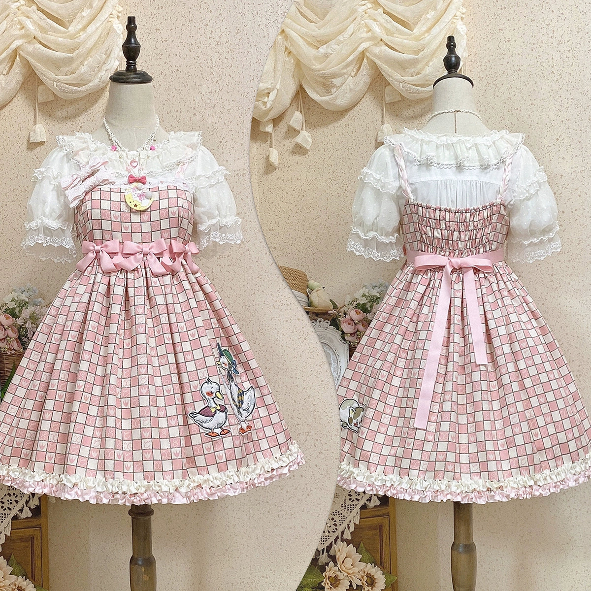 Chemical Romance - Hello Duck - Kawaii Lolita JSK Duck Print Lolita Dress S Pink and white plaid Grid