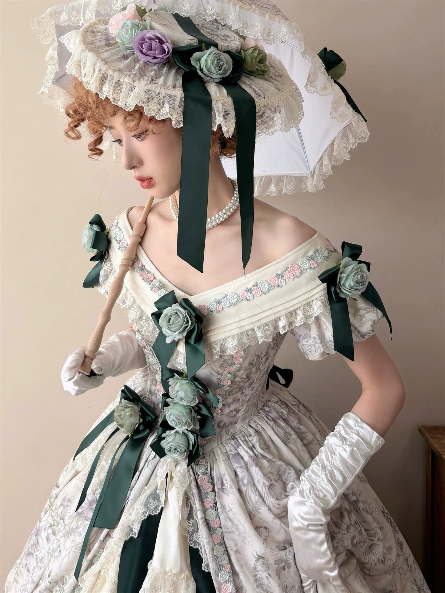 Dolota Flower Wall - Classic Lolita Floral OP Dress, Open Shoulder 44485:811158