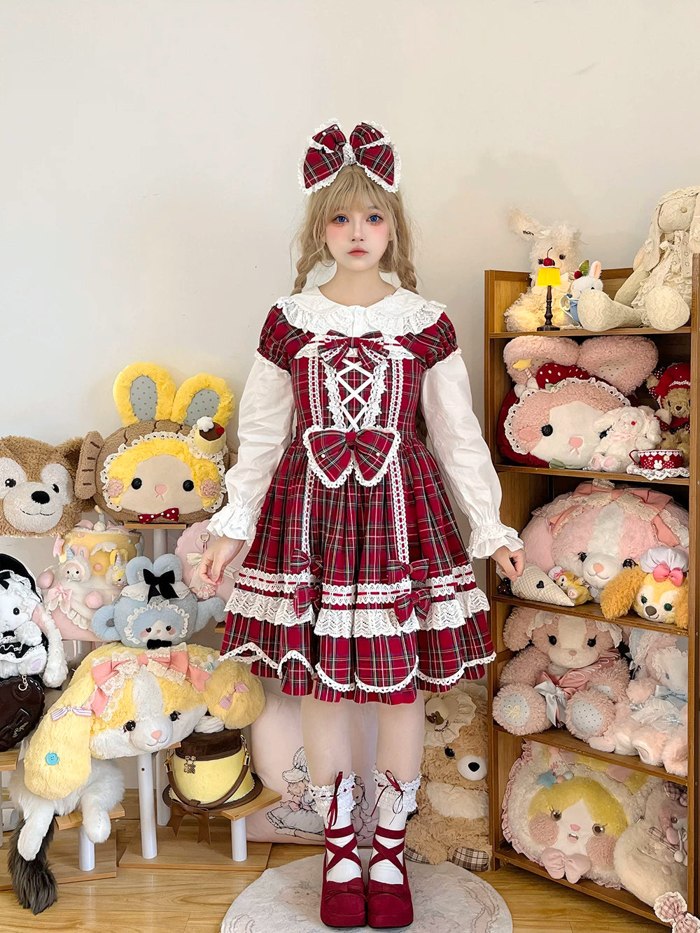 Plaid Petal Bunny - Old School Lolita Plaid OP Dress, Petal-shaped Hem 44673:818329