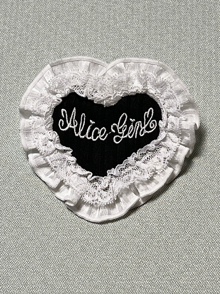 Alice Girl - Arrogant Miss - Heart-Shaped Lolita Brooch with Lace and Embroidery Black