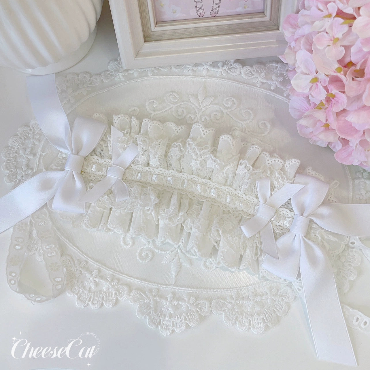 Cheese Cat - Sweet Lolita Headband Ribbon Bow Headbands White and White - White Cotton Bow