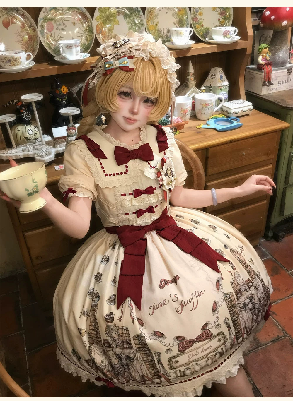Pancake Postman - Kawaii Lolita Printed OP & Salopette Dress, Lace & Bows 45174:838604