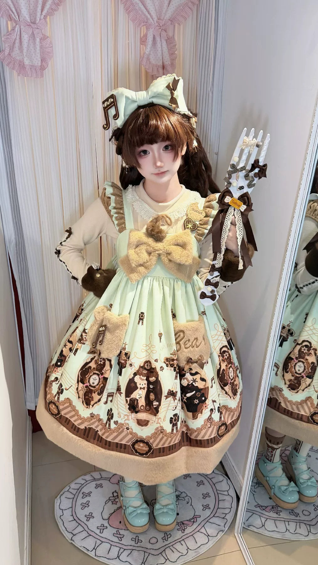 Cream Bear - Print Kawaii Lolita Fake Two-Piece OP, A-lined JSK Dress 44502:811661