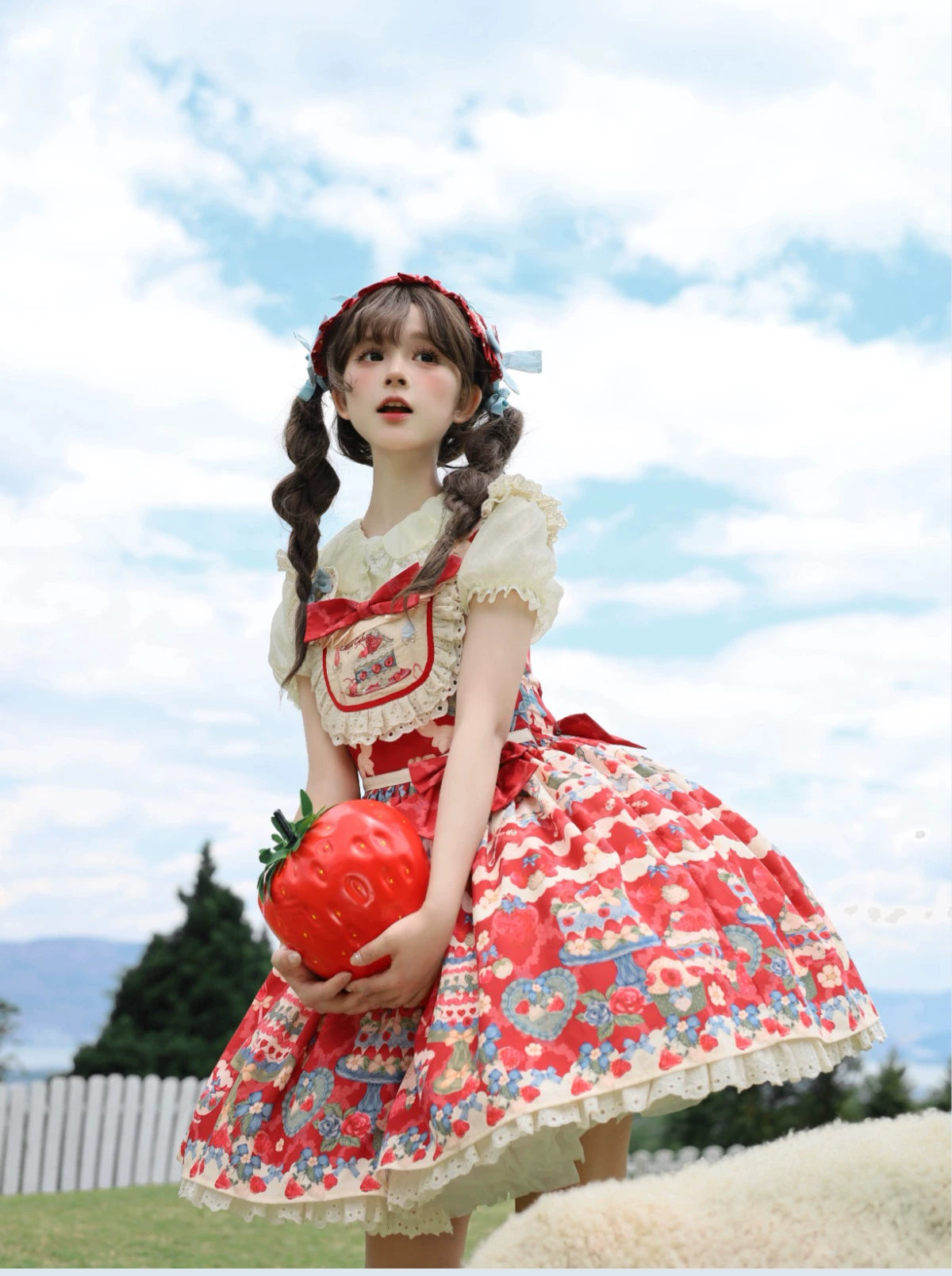 Rose Whispers - Strawberry Tata - Sweet Lolita Dress Suit With Strawberry Cake Print