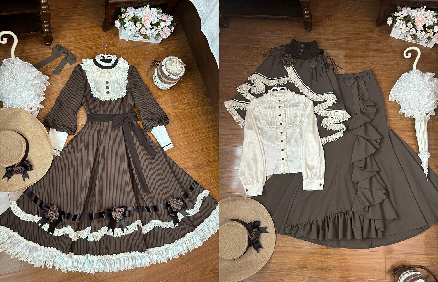 Muyu Handmade Studio - Evening Whispers of London - Brown Classic Lolita OP Dress, Mermaid Skirt Outfit 43993:791964