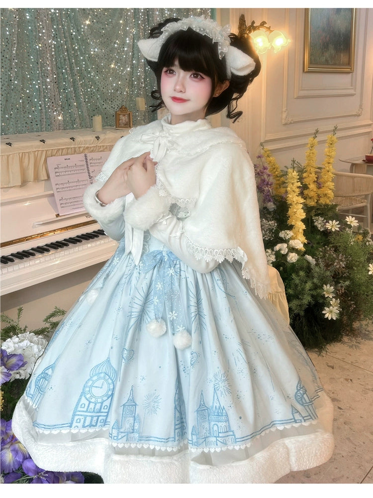 ZhiJinYuan - Snow Castle - Winter Sweet Lolita JSK Cape Dress, Blue Castle Print 44107:796448