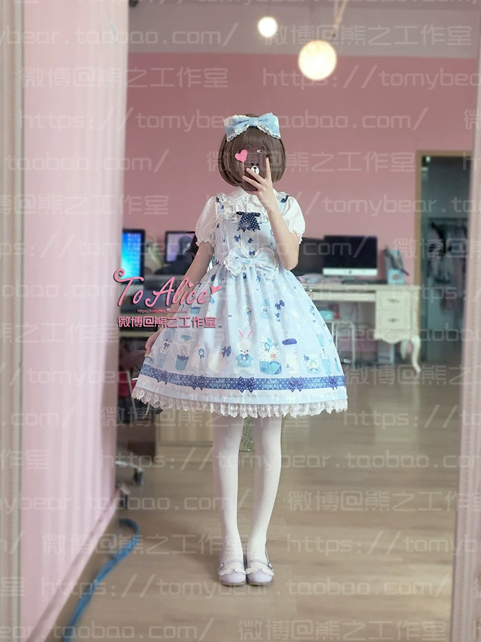 To Alice - Dear Dolls - Kawaii Lolita JSK Dress, Bear & Bunny Print 44016:791818