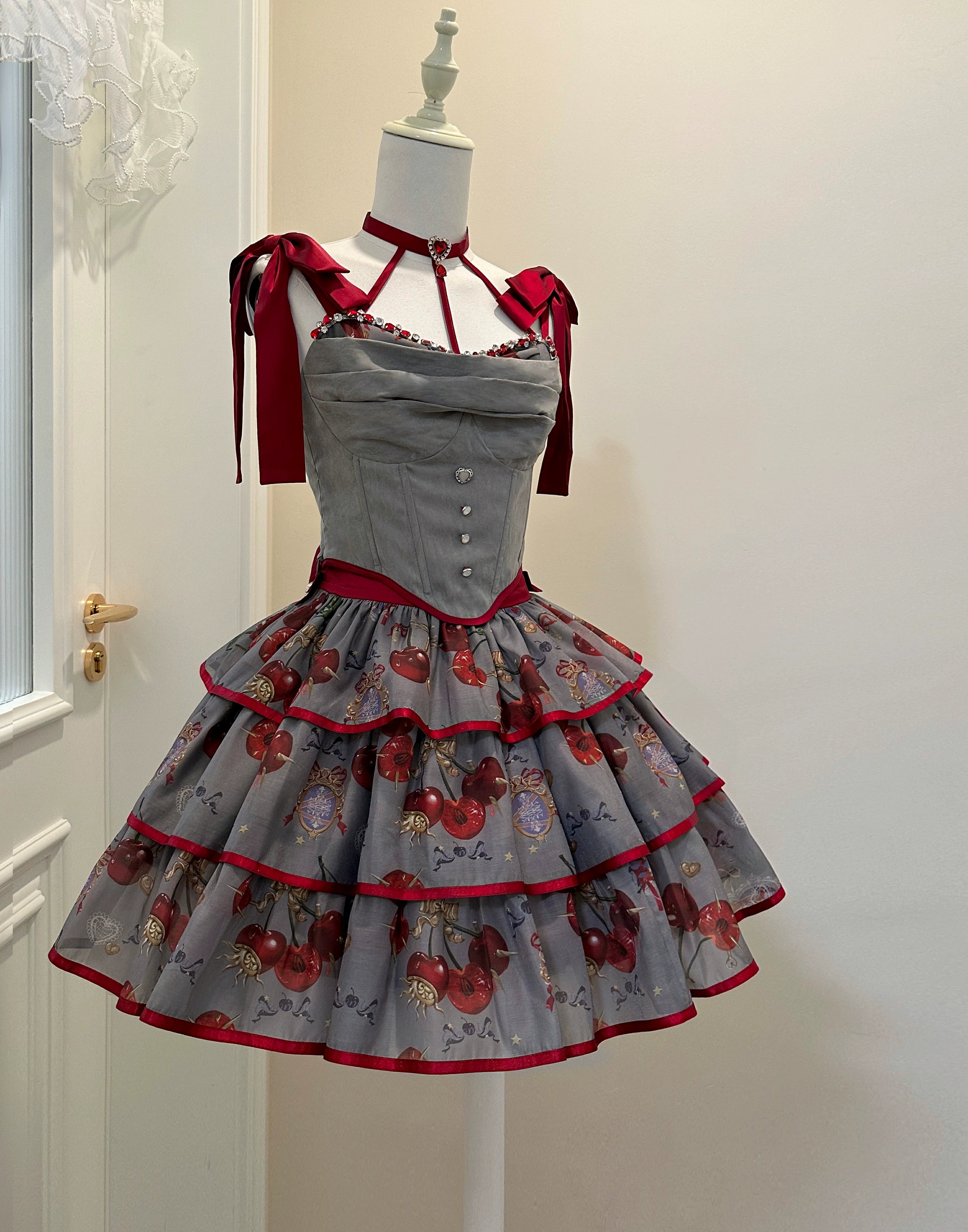 (Buy for me)Gloaming~Sweet Lolita Cherry print Short Sleeve OP and SK Set 28840:322512