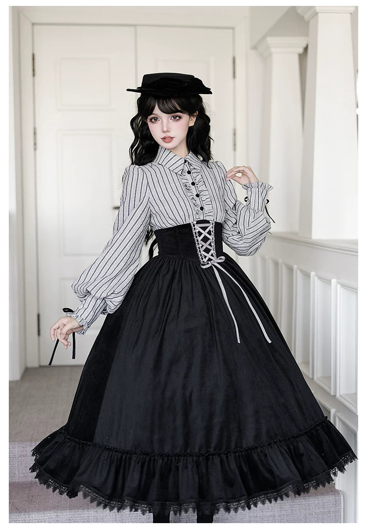 Dusk Moment - Classic Lolita Striped OP & Mermaid Dress Set, Fishbone Waist 44498:810690