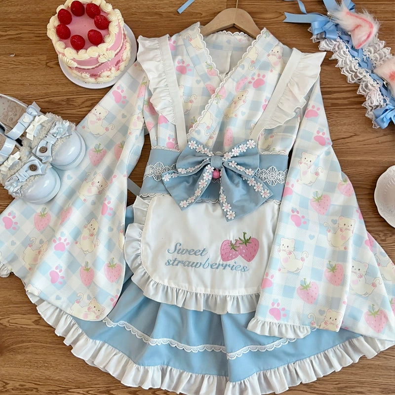 Hanguliang - Han Lolita OP Dress Japanese Style Dress for Summer Wear Blue (top + skirt + apron + waistband bow) S
