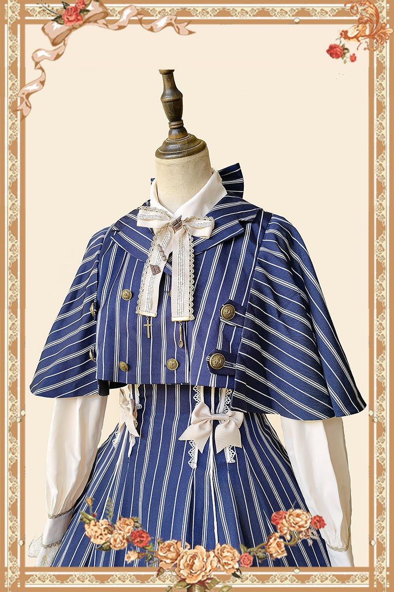 Infanta - Elegant Lolita Stripe High-waist Jumper Dress Set and Cape S dark-blue cape