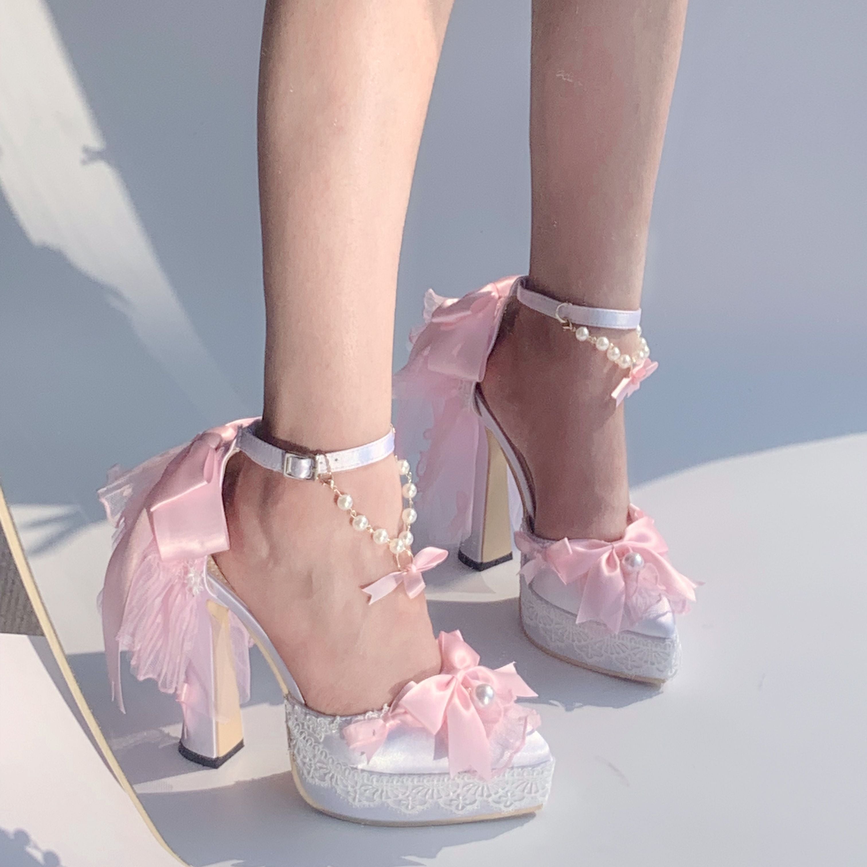Sky Rabbit - Butterfly Dream - Wedding Sweet Lolita Platform Shoes with High Heels White Pink - Luxurious Version 35