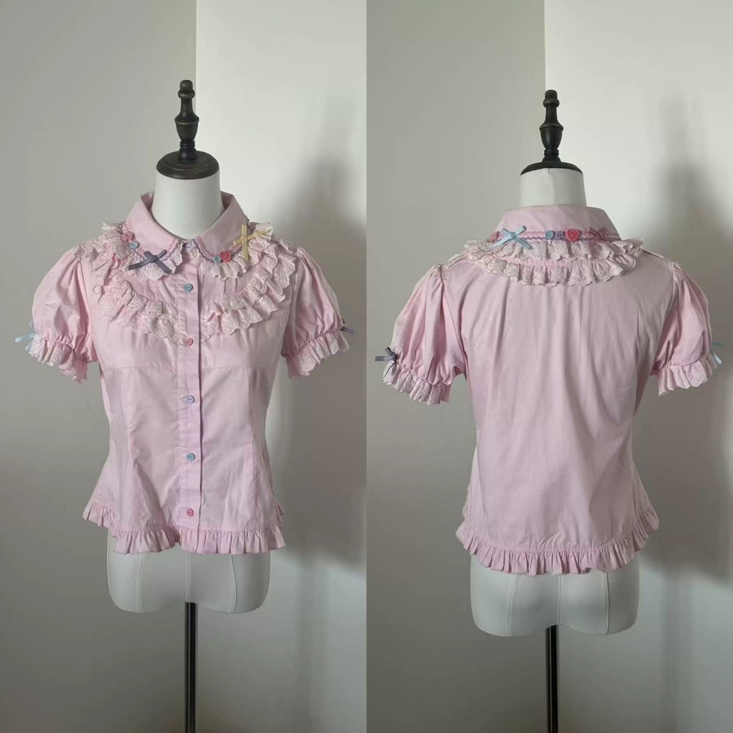 Cute More - Candy Colored Sweet Lolita Blouse, Ruffled Collar Pink Blouse S