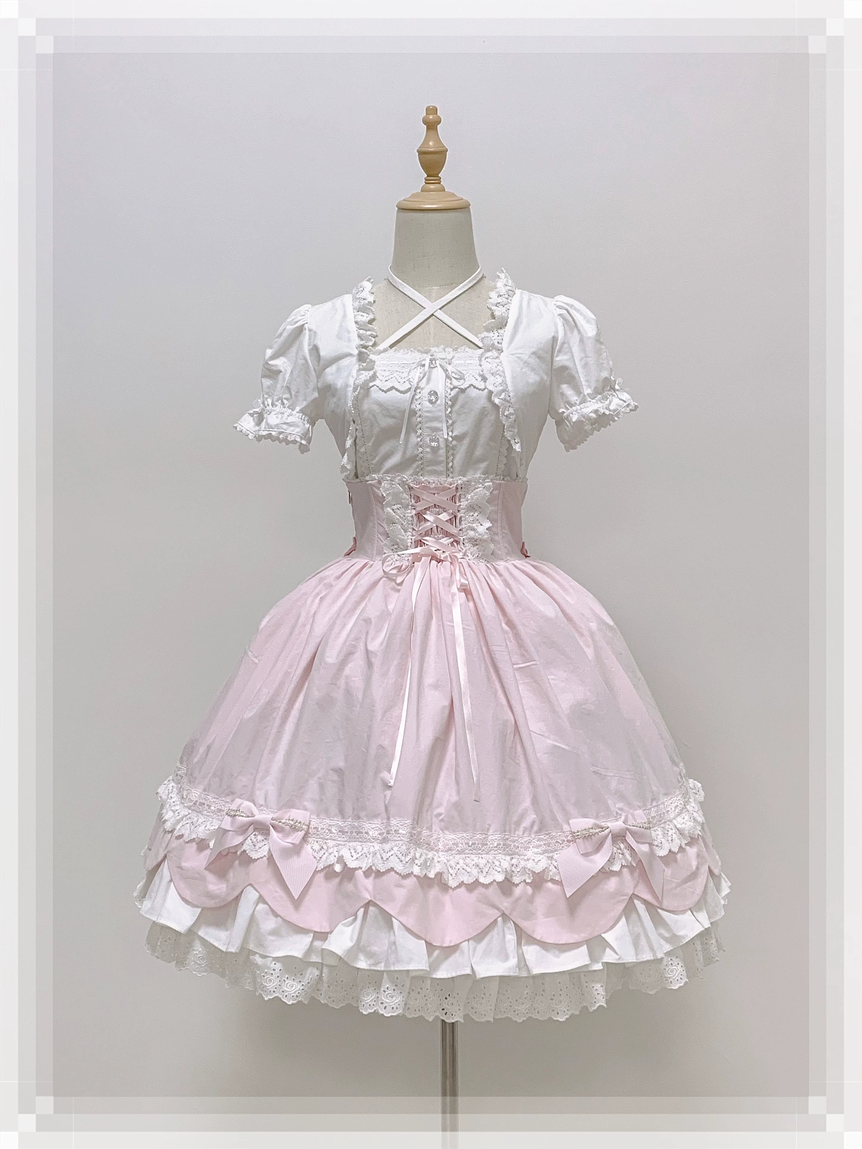 Haruhime Momoko - Cotton Old School Lolita Skirt with Tiered Back Overlay Pink x White SK Only (with white tiered back overlay) One size