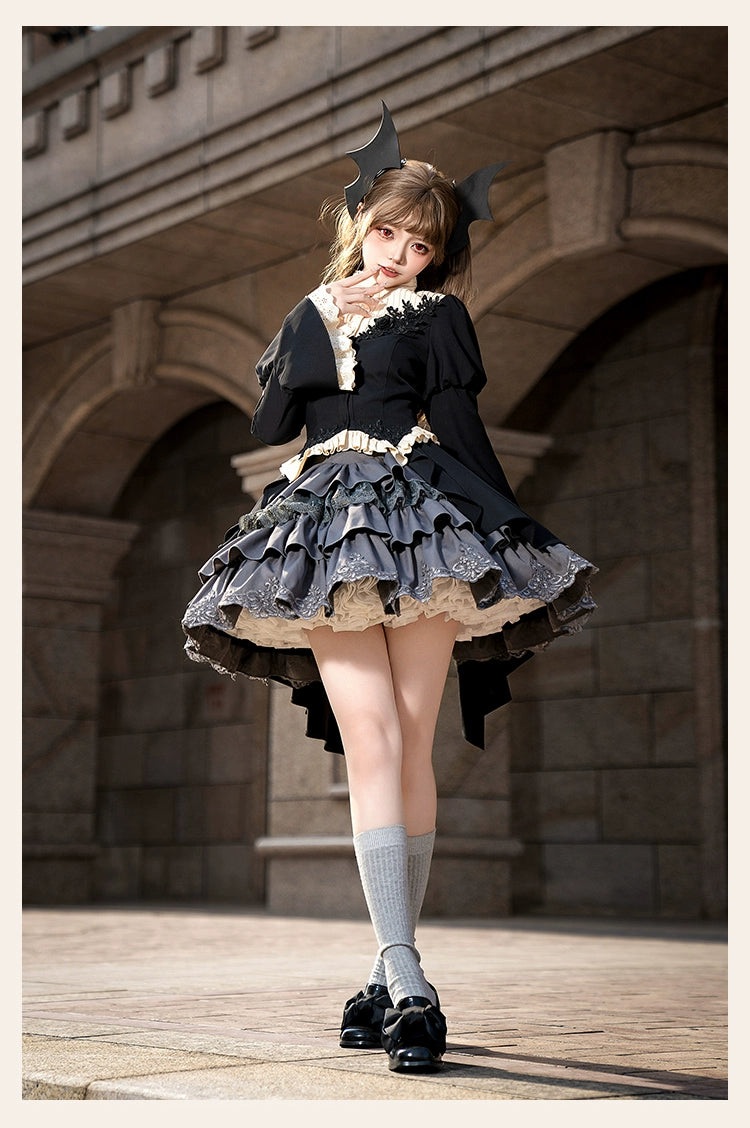 With PUJI - Night Feast - Gothic Lolita Suit Ouji Lolita Tailcoat Tiered Skirt Shorts