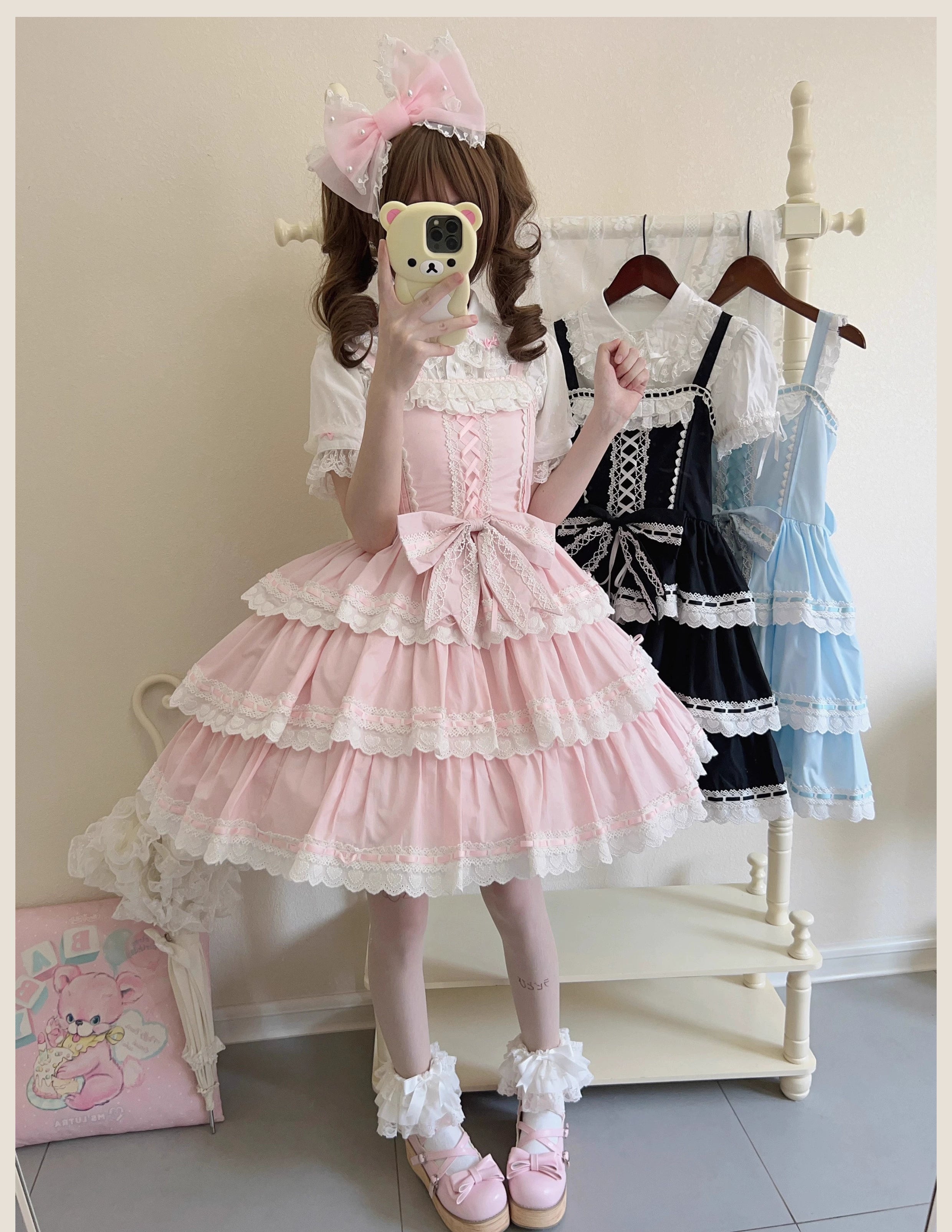 Otome Heart - Cotton Old School Lolita JSK Dress Suit, Heart-Shaped Lace Trim 43381:774553