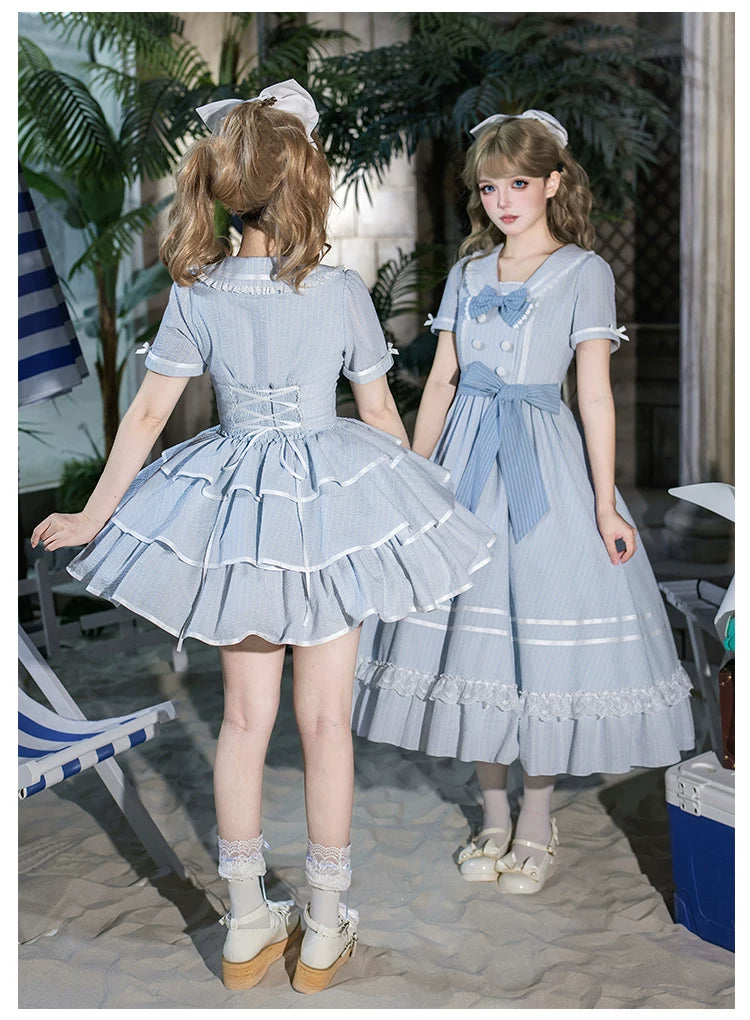 Seven-Day Bell - Blue Classic Lolita Striped OP Dress, Sailor Collar