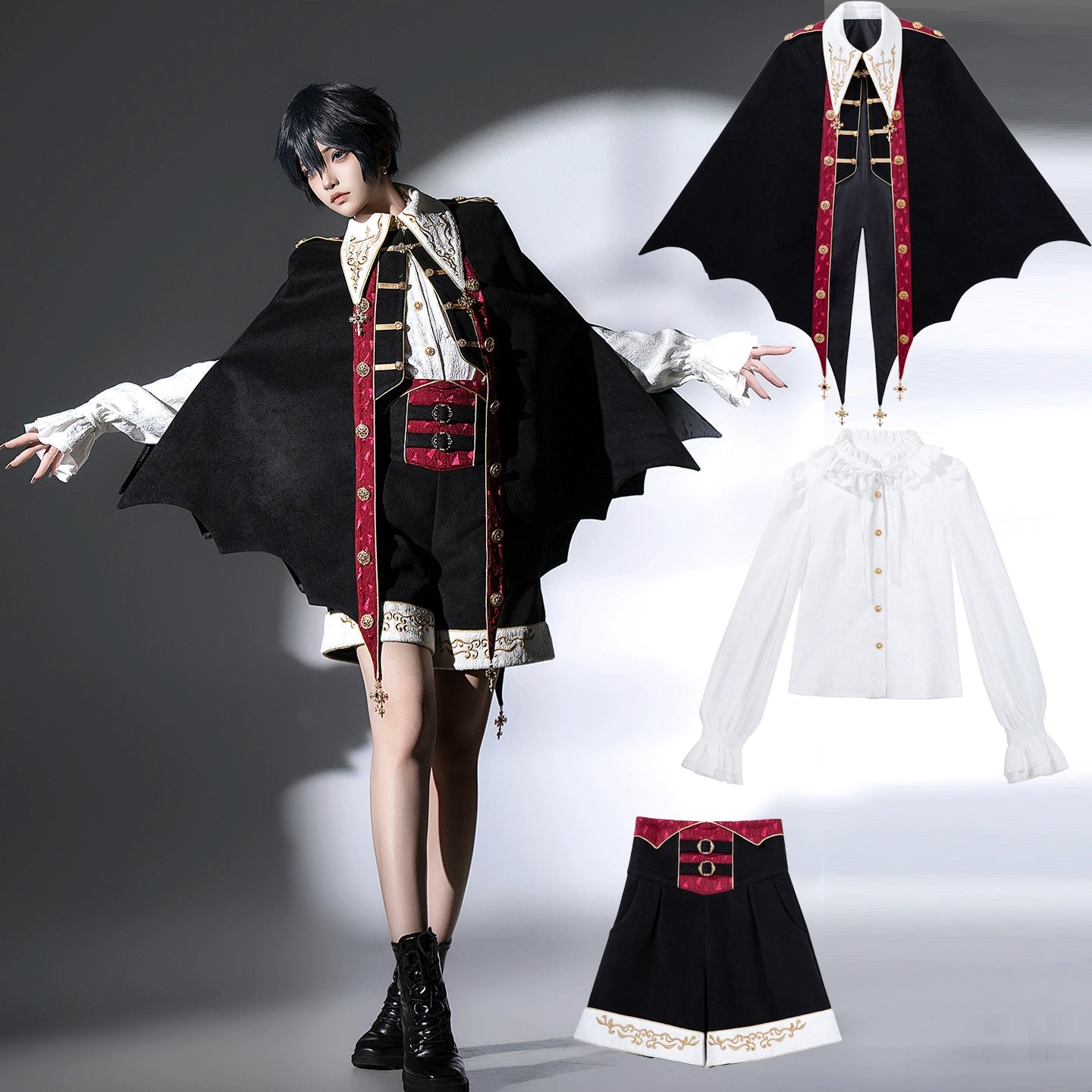 Your Princess - Vampire Youth - Ouji Lolita Bat Shaped Cape Set, Gold Embroidery & Red Accents (L M S XL) 44054:795344