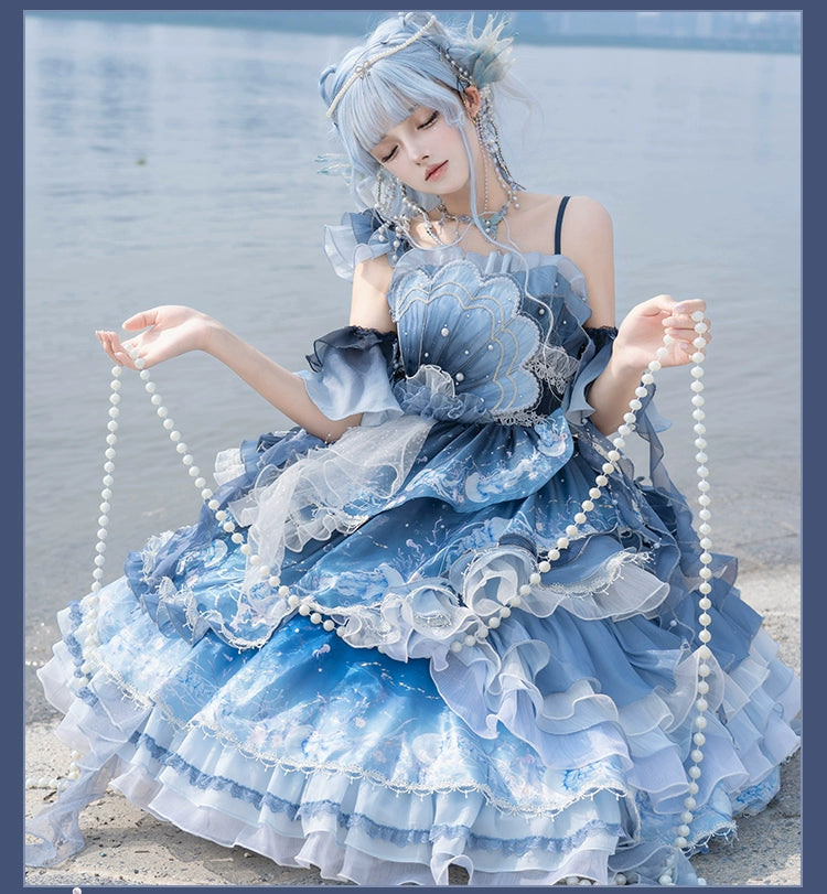 YingLuoFu - Blue Breath Jellyfish - Classic Lolita Jumper Dress, Side Zipper