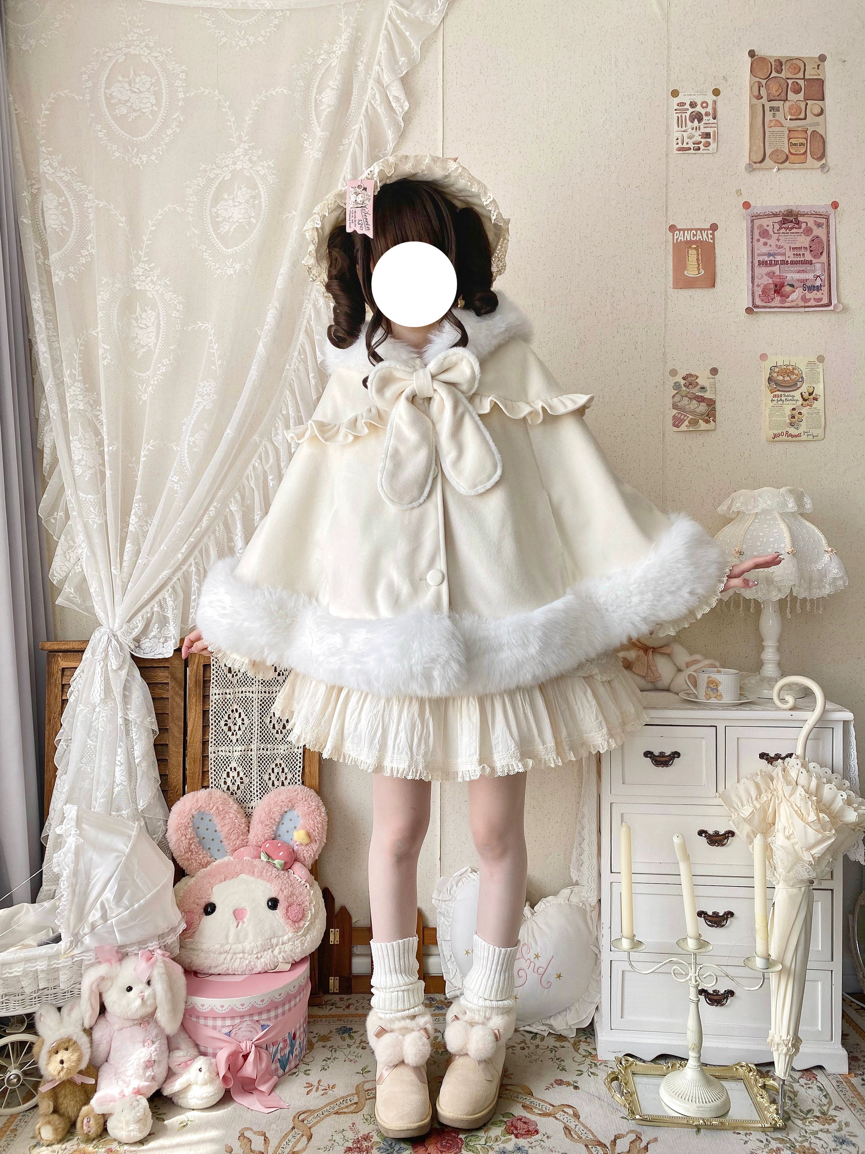 Qianmu - Lop Bunny - Kawaii Lolita Plush Hooded Cape 43850:787090