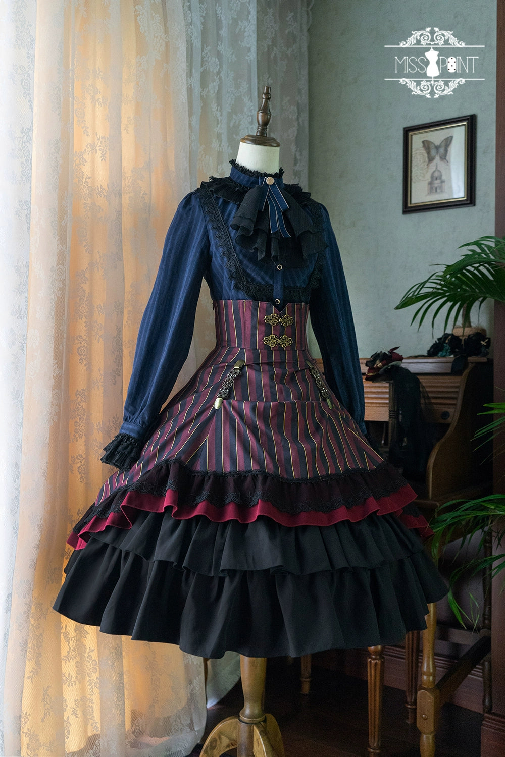 (Buyforme)Miss Point~Customized Lolita Elegant Striped High Waisted Fishbone SK 21544:312516
