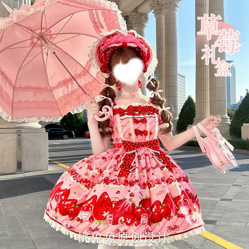 Strawberry Gift Box - Sweet Lolita OP Dress, Strawberry & Polka Dot Print
